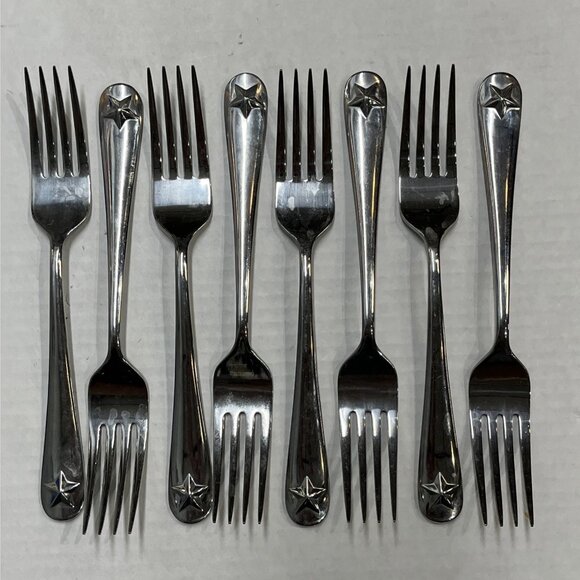 Oneida Tindra Embossed Star Glossy Stainless Flatware Dinner Fork Set Of 8 - Picture 6 of 16